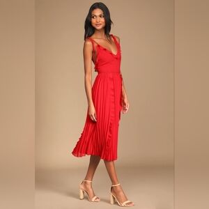 Never a Dull Moment Bright Red Tie-Strap Pleated Midi Dress